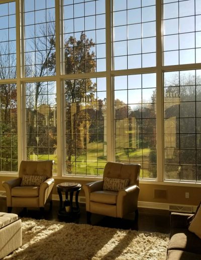 Large rectangular windows overlooking trees in sunlit living room with couch and chairs